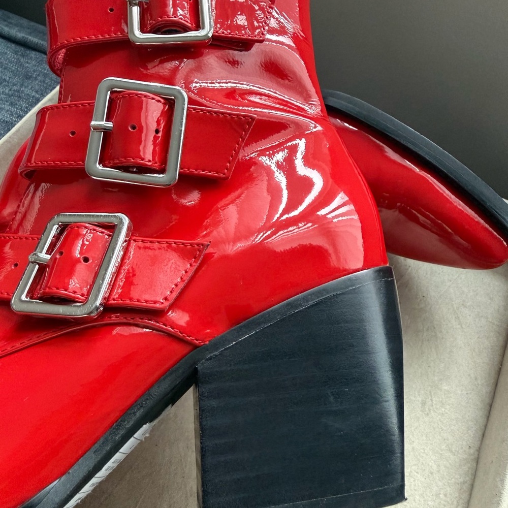 Django & Juliette Marzena Buckled Red Patent Leather Ankle Boots - Picture 8 of 16